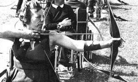 Margaret Maughan competing in the archery competition at the 1960 Rome Paralympics.