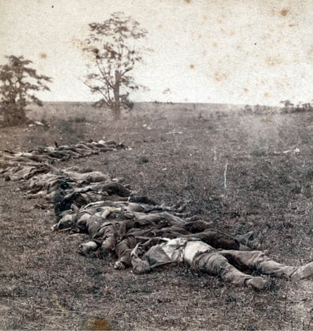 Black and white photograph of dead bodies lying on the ground after the battle of Antietam, 1862