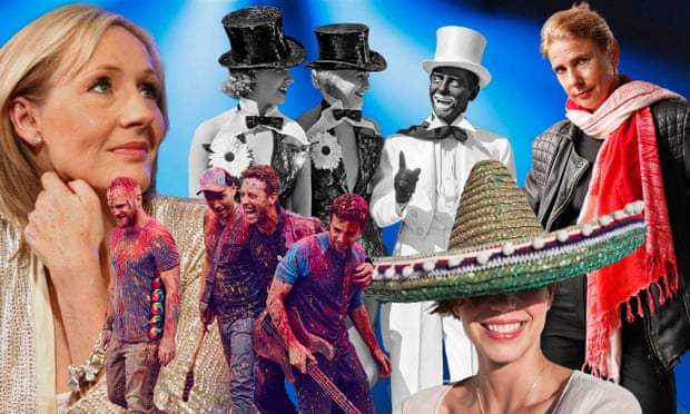 Images of cultural appropriation and/or people associated with the topic. (Left to right) JK Rowling, Coldplay, Minstrels, a sombrero hat, Lionel Shriver.