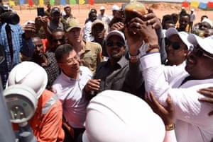 A ceremony marking crude oil extraction is attended by Abdi Mohamoud Omar, right, the former president of Ethiopia’s Somali region, foreign envoy Meles Alem, centre, and former comms minister Ahmed Shide