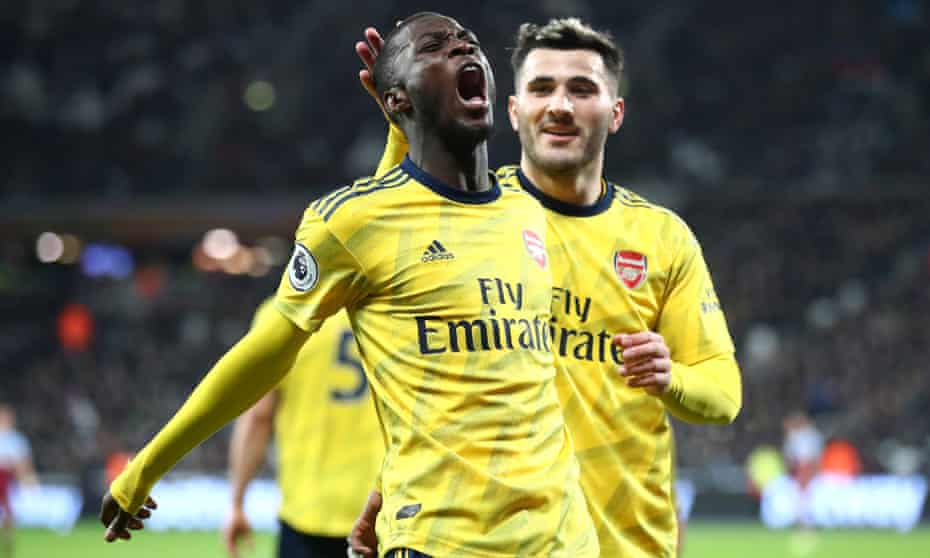 Nicolas Pépé celebrates putting Arsenal ahead. 