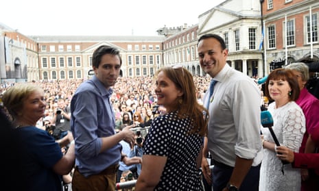 Leo Varadkar (centre, white shirt) at a celebration following the announcement of the result of the abortion law referendum in Dublic on Saturday.