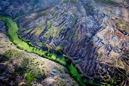 Aerial view of a mountainous landscape on St Helena, an overseas British territory.