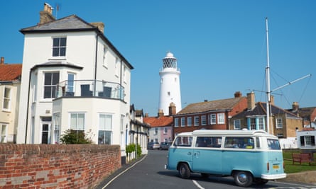 A VW campervan enters Southwold.