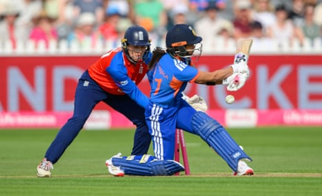 Shreyanka Patil is bowled by Sophie Ecclestone.