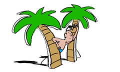 Illustration of a man in swimming costume peering out from behind two cardboard palm trees