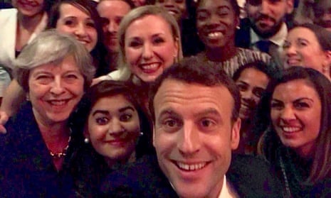Emmanuel Macron and Theresa May’s selfie at the V&amp;A Museum in London.