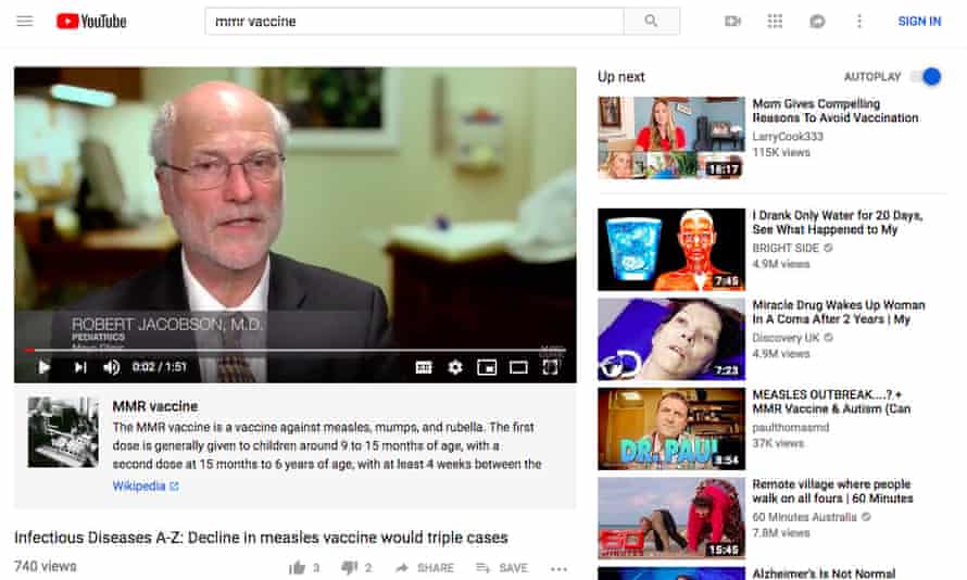 On YouTube, a video by the Mayo Clinic on the measles recommends that users next watch an anti-vaccination video.