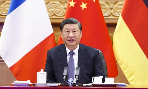 Chinese president Xi Jinping attending a video summit with French president Emmanuel Macron and German chancellor Olaf Scholz.