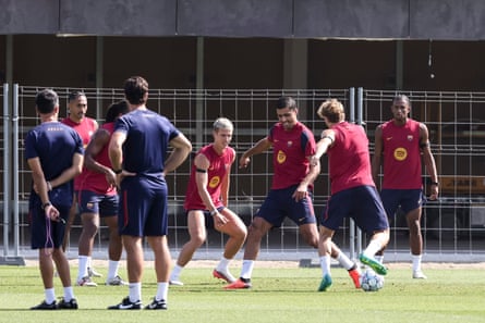 Dani Olmo (centre) and Rodri train with teammates at Ciutat Esportiva Joan Gamper in Barcelona Dani Olmo (centre) and Rodri train with teammates at Ciutat Esportiva Joan Gamper in Barcelona
