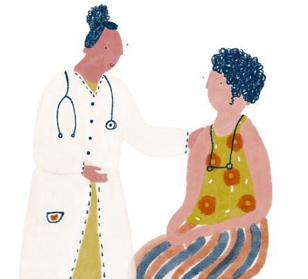 An illustration of a female doctor speaking to a woman.