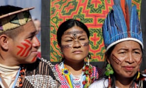Indigenous people from the Mesoamerican Alliance of Peoples and Forests protest outside the UN climate change conference in Marrakech, Morocco