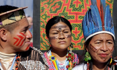 Indigenous people from the Mesoamerican Alliance of Peoples and Forests protest at the climate change talks in Marrakech, Morocco.