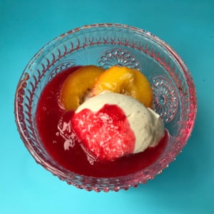 Bruno Neveu’s peach melba uses poached fruit.