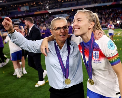 Sarina Wiegman celebrates with Leah Williamson after England win the Euro 2025 final