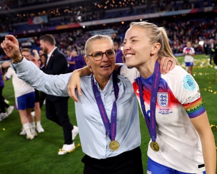 Sarina Wiegman, Head Coach of England, celebrates victory with Leah Williamson of England after England defeat Spain during the UEFA Women's EURO 2025 Final match between England and Spain at St. Jakob-Park on July 27, 2025 in Basel, Switzerland. (Photo by Maja Hitij - UEFA/UEFA via Getty Images)
