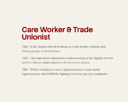 A section of the website with details of Angela Rayner’s roles as a care worker and trade unionist.