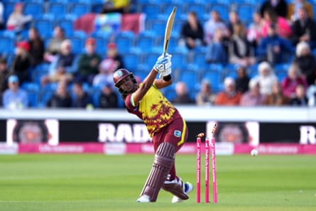 West Indies' Hayley Matthews is bowled by England's Em Arlott