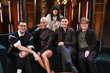 Dan Levy, Cush Jumbo, Phil Dunster and Josh Widdicombe sit on a sofa in the BBC studio
