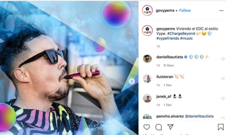 A man with e-cigarette next to hashtags vape friends