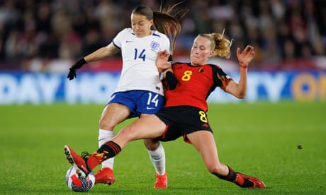 Fran Kirby competes for the ball against Belgium's Féli Delacauw.