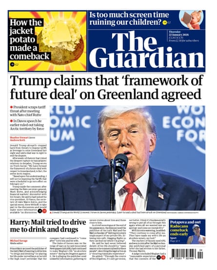 Guardian front page, Thursday 22 January 2026