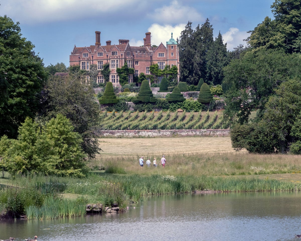 Exterior view on a sunny day of the gardens of Chilham Castle, which were landscaped by Capability Brown and now include a vineyard.