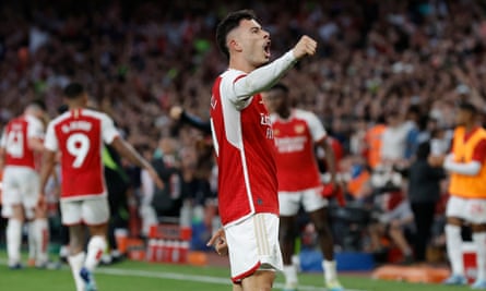 Gabriel Martinelli celebrates scoring the only goal of the game during Arsenal’s Premier League victory over Manchester City in October 2023.