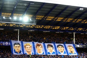 Everton fans display a banner showing the club’s famous number nines before beating Chelsea 2-0 at Goodison Park.