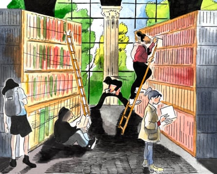 An illustration of a library, with a large window in the background. Several figures are reading or looking at books, surrounded by two large bookshelves. In the background, a shadowy figure wearing a hat is walking in a crouched position, holding a large book.