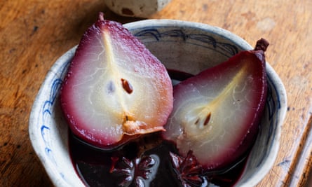 Spiced pears with red wine and dark chocolate.