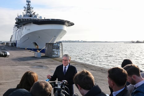 Keir Starmer speaks to the media while in front of the Finnish Border Guard offshore patrol vessel 'Turva' at the port in Helsinki where he is attending the Joint Expeditionary Force (JEF) leaders' summit in Helsinki, Finland, today.