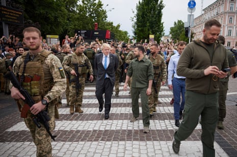 The British prime minister, Boris Johnson, meets the Ukrainian president, Volodymyr Zelensky, in Kyiv last month.