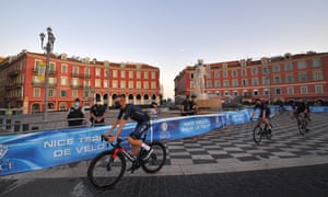 Dylan Van Baarle of the Dutch team INEOS Grenadiers/Statue of Apollo rides in Nice.
