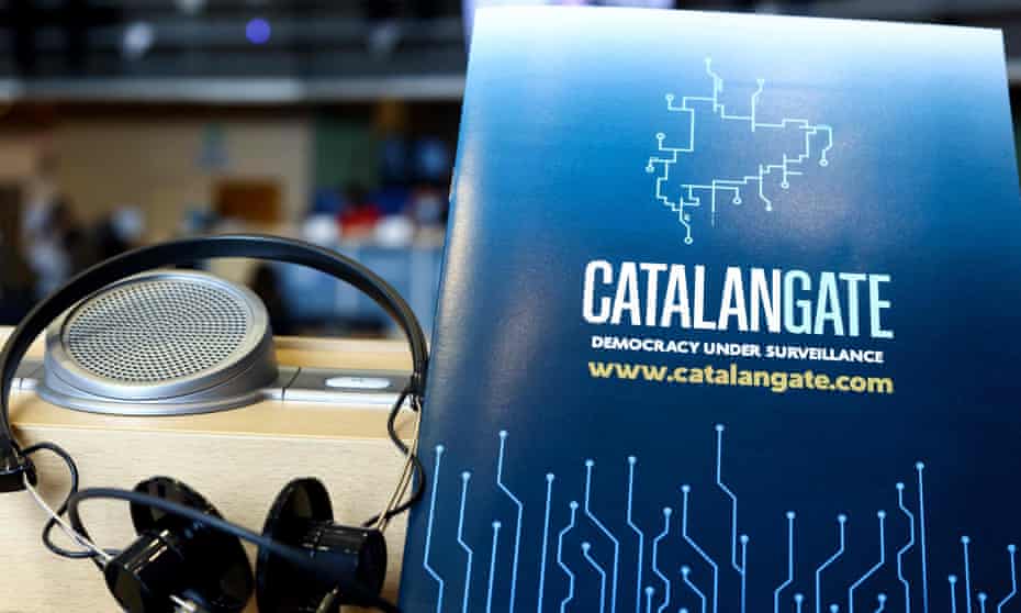 A document entitled ‘Catalangate: democracy under surveillance’ seen at the EU parliament in April.