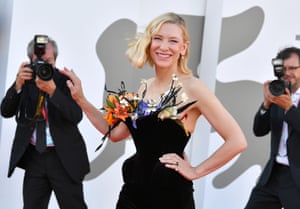 Venice, Italy. Cate Blanchett waves on the red carpet for the Todd Field-directed film Tár at the Venice film festival