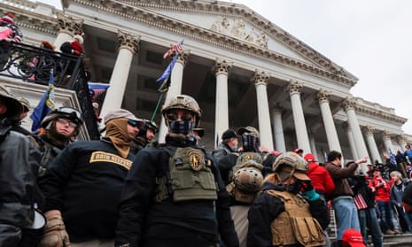 Members of the Oath Keepers outside the US Capitol on 6 January 2021. 