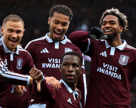 Nicolas Jackson and teammates celebrate his second goal for Aston Villa against Manchester City
