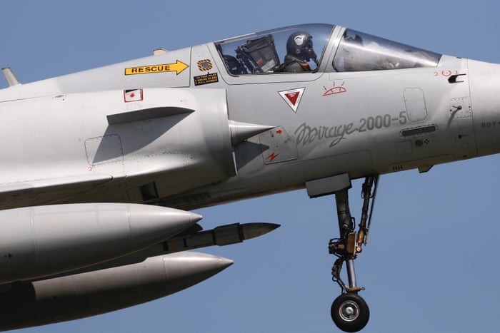 A Taiwanese Air Force Mirage 2000-5 fighter jet seen as Chinese military ships, aircraft, and drones continued to conduct joint drills near Taiwan on Sunday morning.