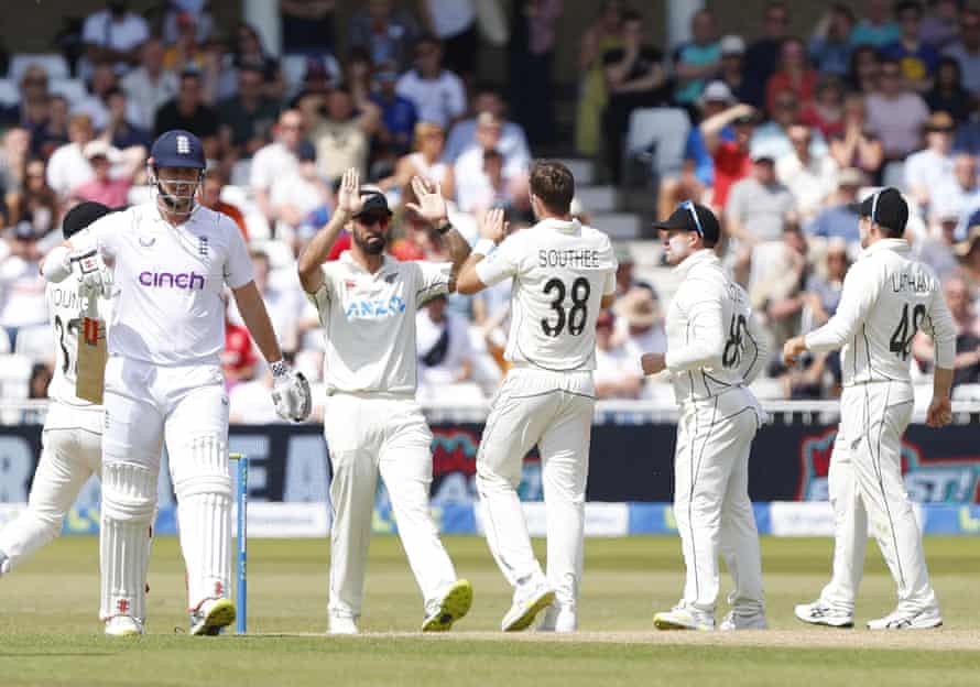 Celebrations for New Zealand as England’s Alex Lees walks off.