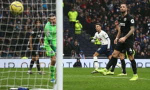 Dele Alli scores Tottenham’s second in their 2-1 Premier League home victory against Brighton.