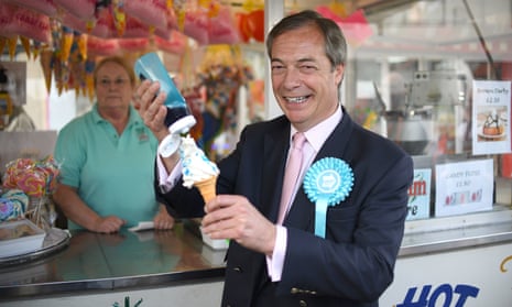 Brexit party leader Nigel Farage with an ice cream in Canvey Island while on the European Election campaign trail.