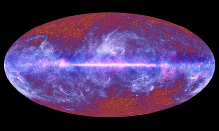 A map of relic radiation from the big bang composed of data gathered by the European Space Agency’s Planck satellite, launched in May 2009 to study the cosmic microwave background. 