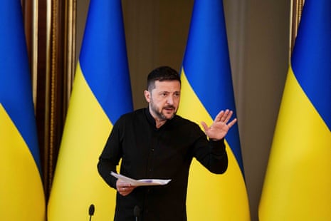 Ukrainian President Volodymyr Zelenskyy speaks to journalists during a press conference in Kyiv, Ukraine.