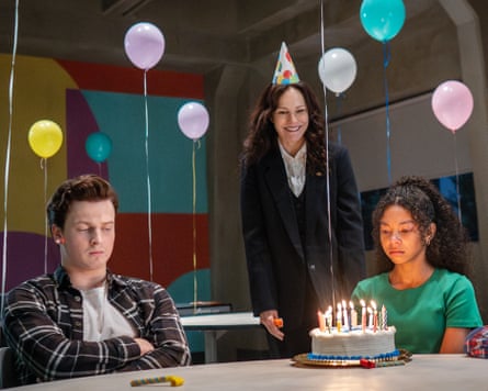 Fionn Laird as Nicky Wilholm, Mary-Louise Parker as Ms Sigsby and Simone Miller as Kalisha in The Institute.