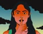 An illustration of a woman with her hand over her lips so as to signal keeping quiet