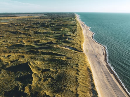 Aerial view of sand dunes at Thy alongside the sea
