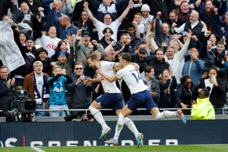 Harry Kane celebrates scoring their second goal against Brighton last weekend.