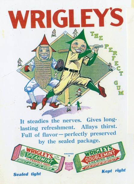 illustration of baseball players with heads that look like moons with arrows on top, mimicking the wrigley’s logo. ad says “wrigley’s: the perfect gum. it steadies the nerves, gives long lasting refreshment. allays thirst. full of flavor- perfectly preserved by the sealed package.”