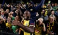 Brian Kaltak of Central Coast Mariners celebrates with fans after the second leg of the A-League Men semi-final against Sydney FC at Industree Group Stadium